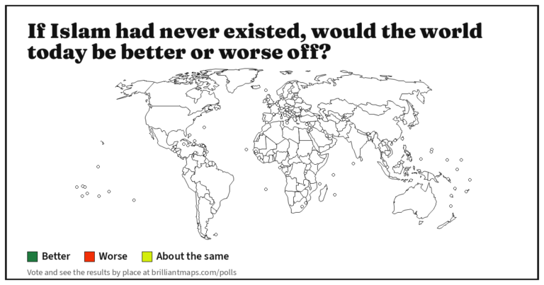 If Islam had never existed, would the world today be better or worse off? (map poll)