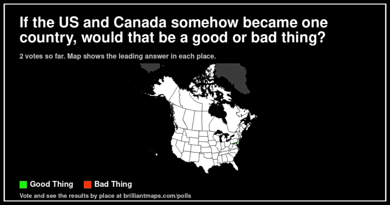 If the US and Canada somehow became one country, would that be a good or bad thing? (map poll)