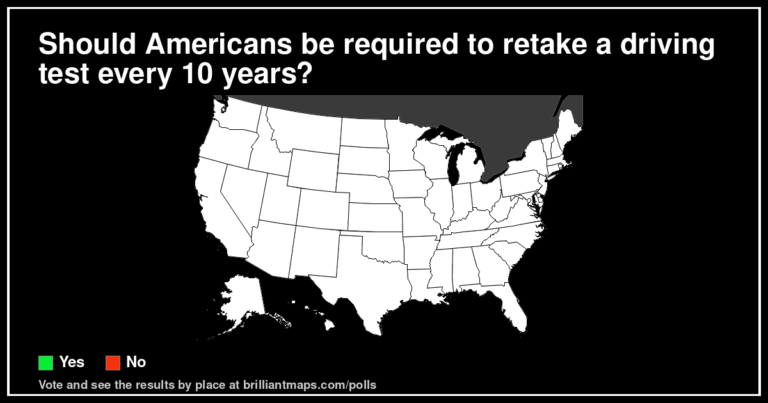 Should Americans be required to retake a driving test every 10 years? (map poll)