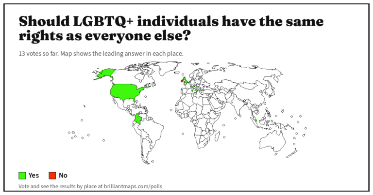 Should LGBTQ+ individuals have the same rights as everyone else? (map poll)