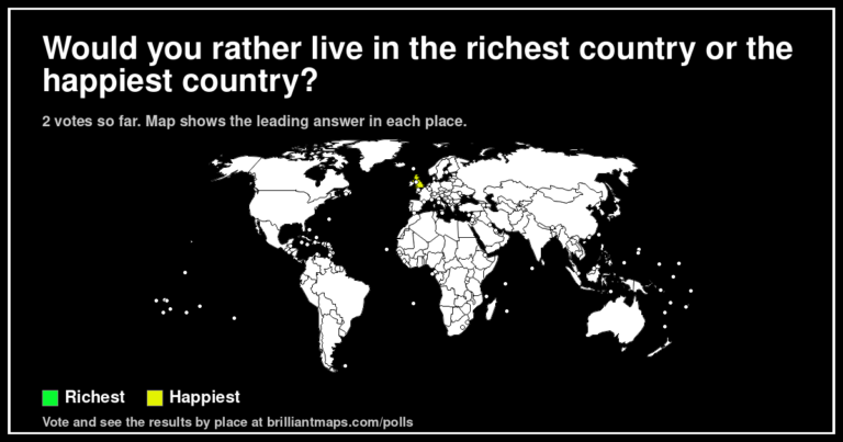 Would you rather live in the richest country or the happiest country? (map poll)