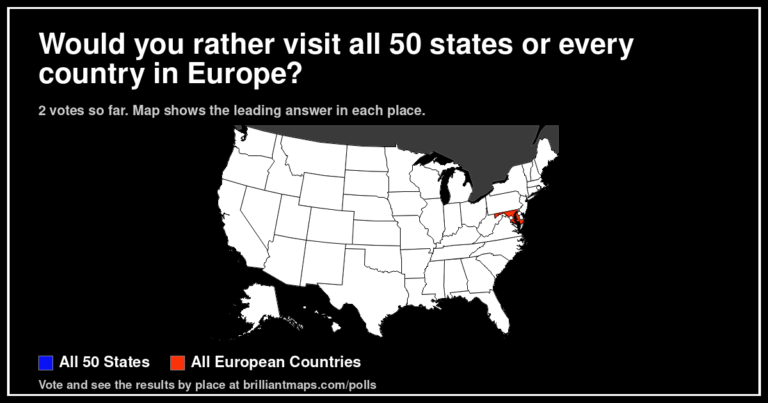 Would you rather visit all 50 states or every country in Europe? (map poll)