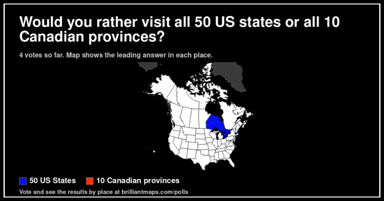 Would you rather visit all 50 US states or all 10 Canadian provinces? (map poll)