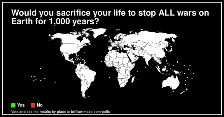 Would you sacrifice your life to stop ALL wars on Earth for 1,000 years? (map poll)