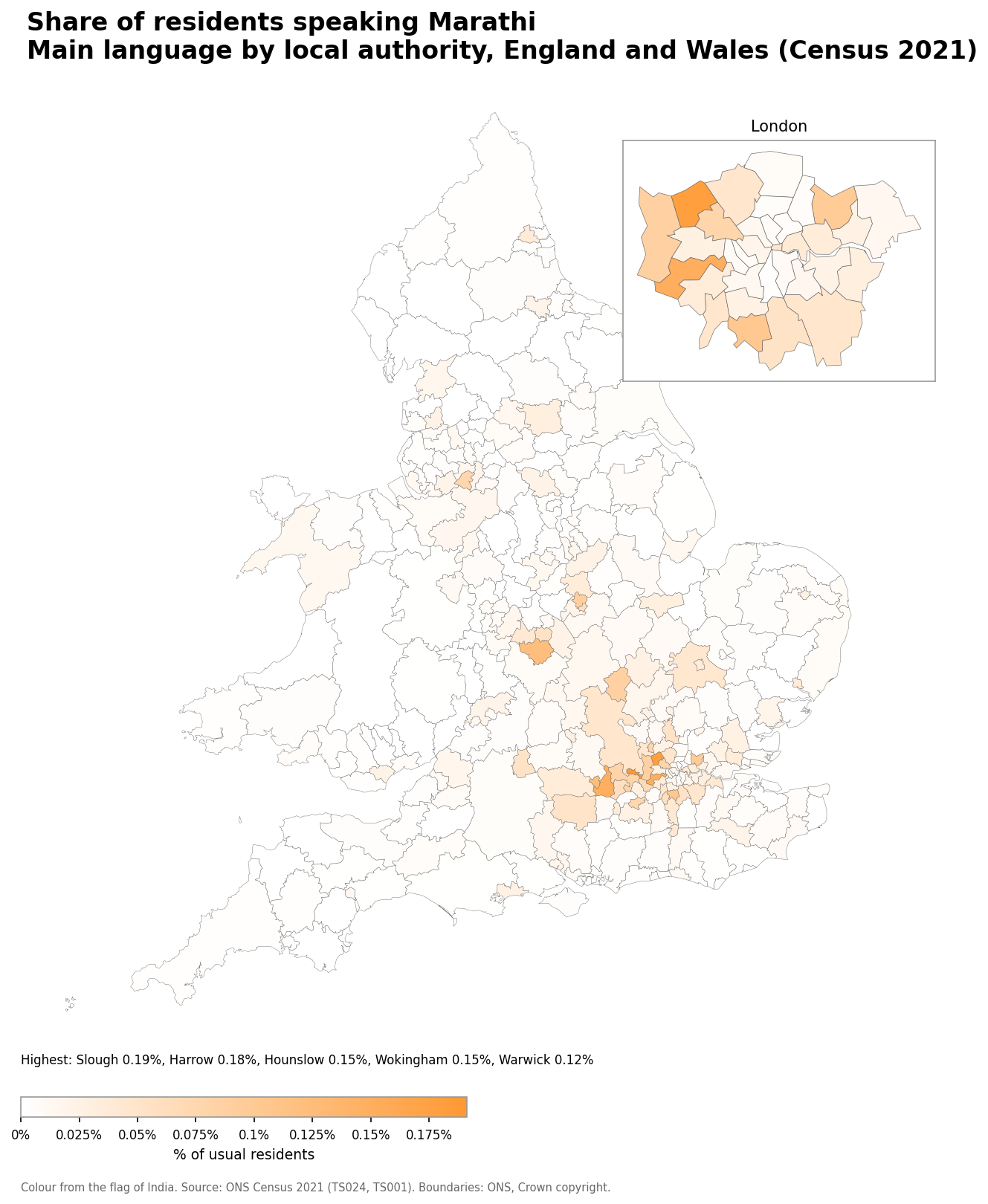 Map of the percentage of residents with Marathi as their main language by local authority in England and Wales, Census 2021