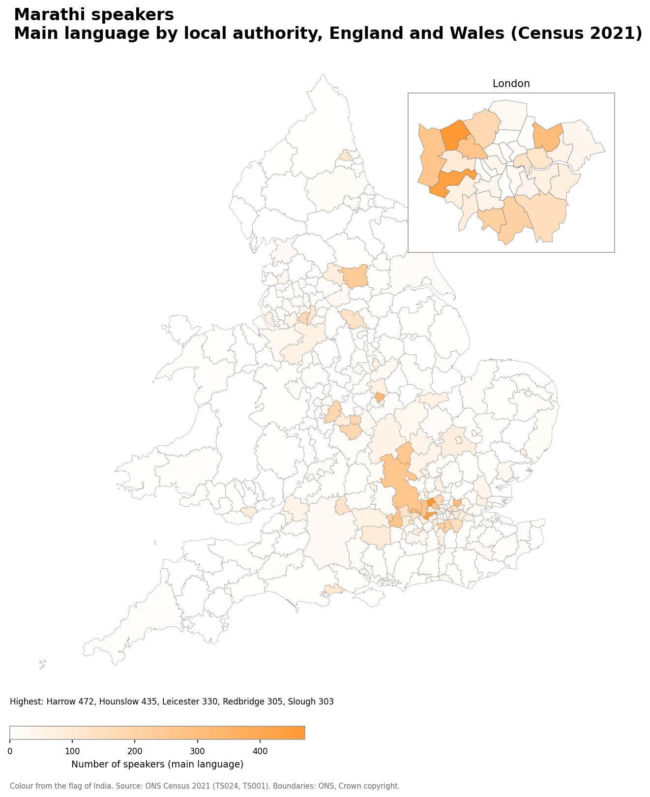 Map of the number of people with Marathi as their main language by local authority in England and Wales, Census 2021