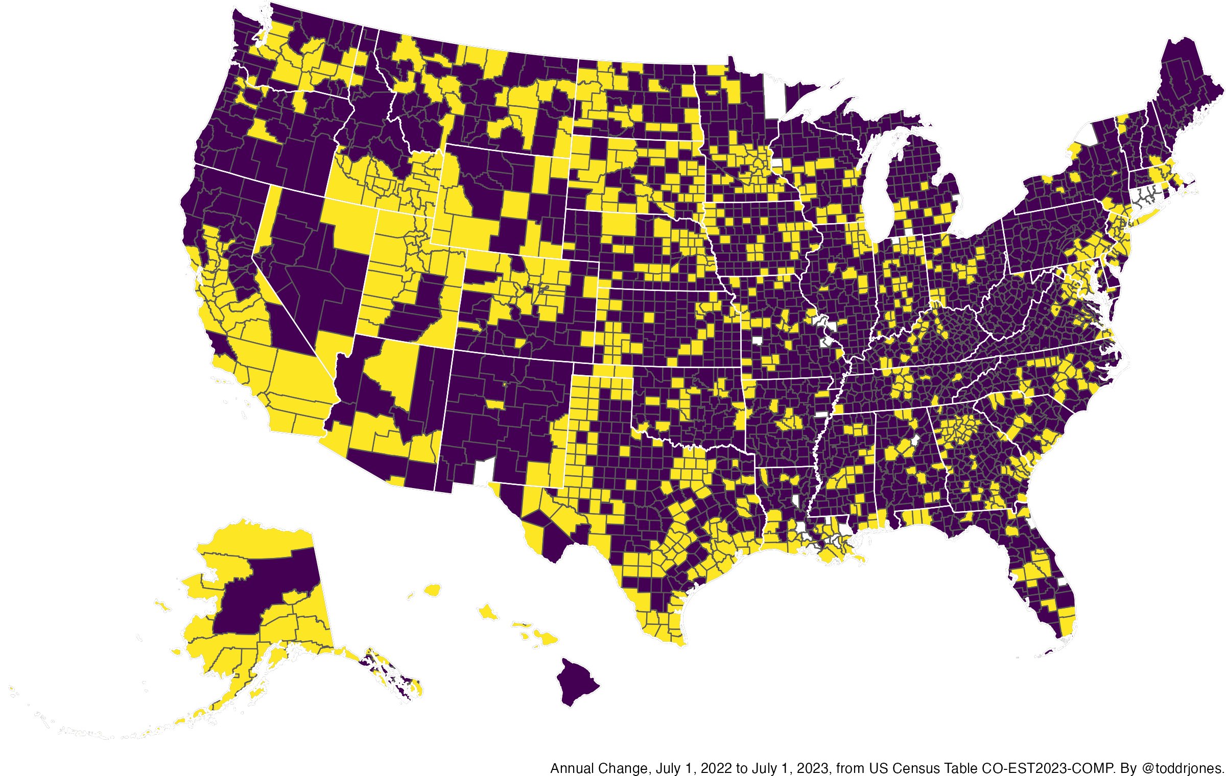 The purple counties had more deaths than births between 2022 and 2023