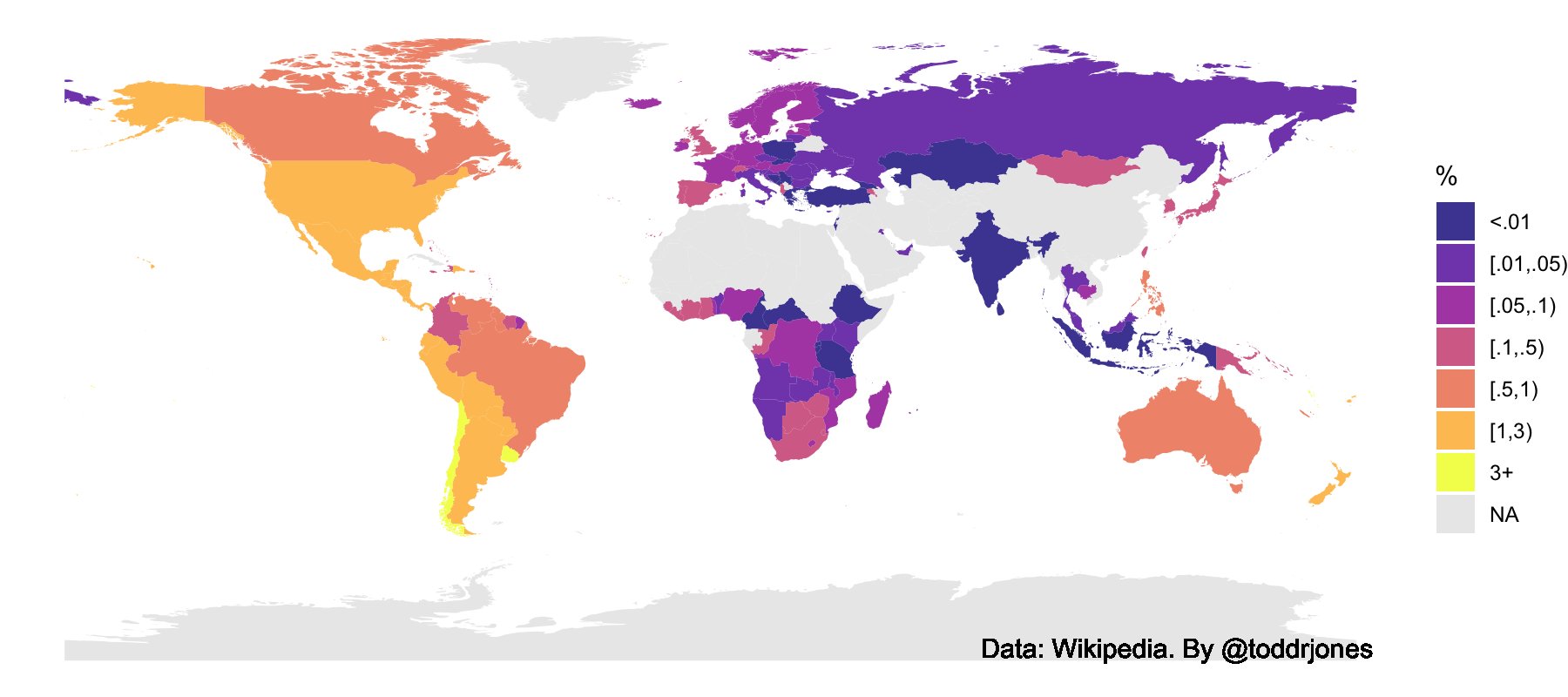 % of a country's population who are members of the Church of Jesus Christ of Latter-day Saints
