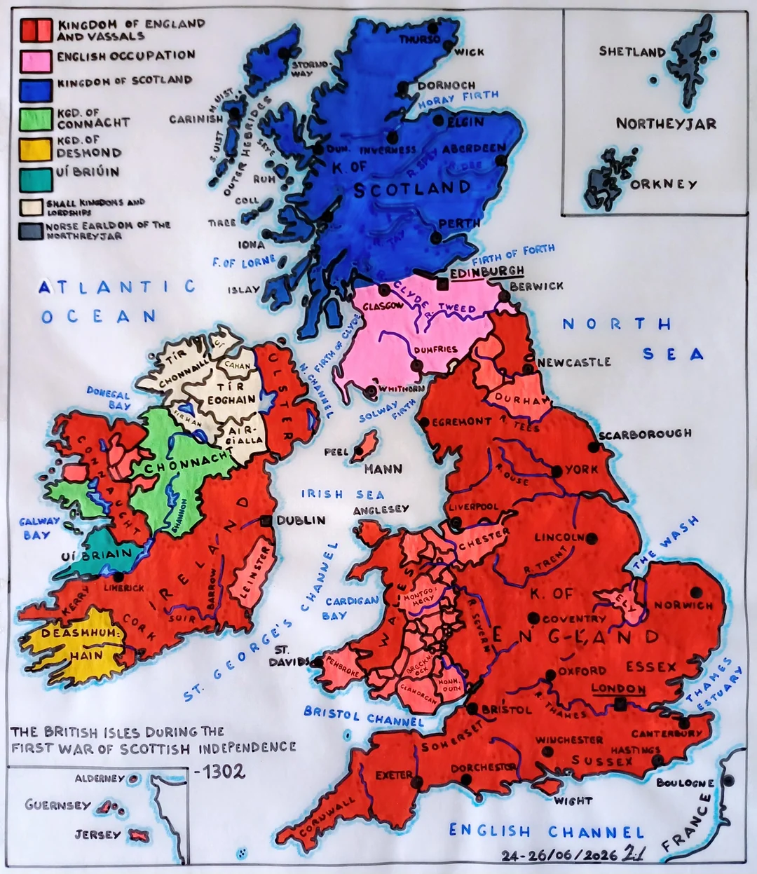 A Beautiful Hand-Drawn Map Of The British Isles during the First War of Scottish Independence