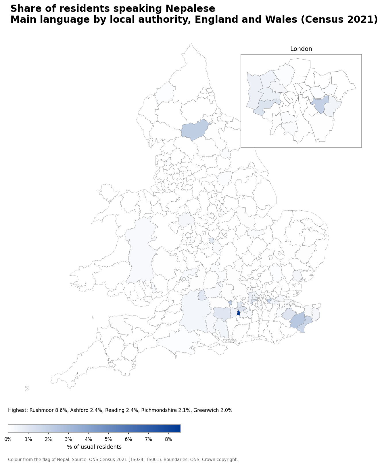 Map of the percentage of residents with Nepalese as their main language by local authority in England and Wales, Census 2021