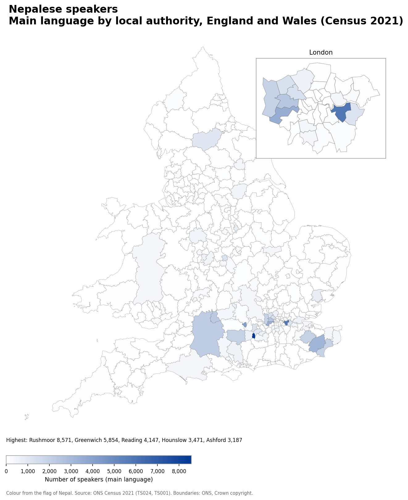 Map of the number of people with Nepalese as their main language by local authority in England and Wales, Census 2021