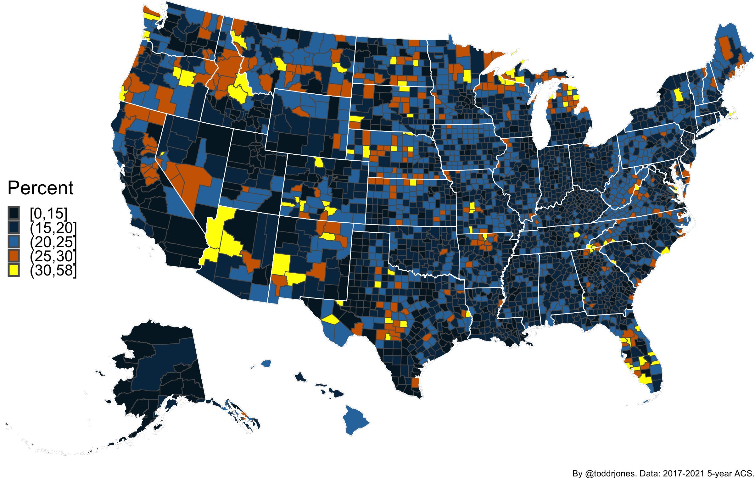 Percentage of each county's population who are 65 and older