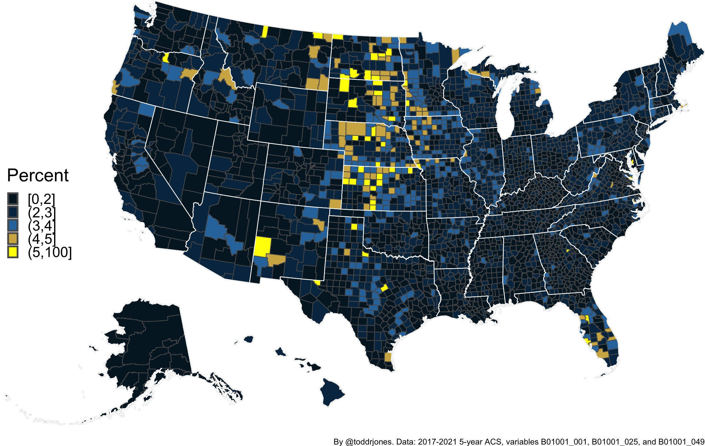 Percentage of county population 85 and older