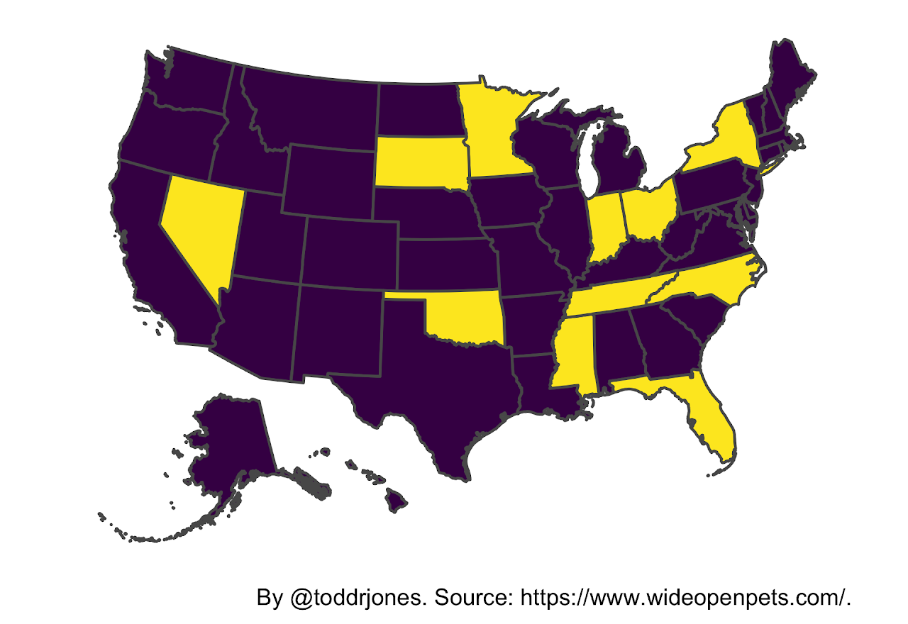The yellow states are the states in which it is legal to own an otter