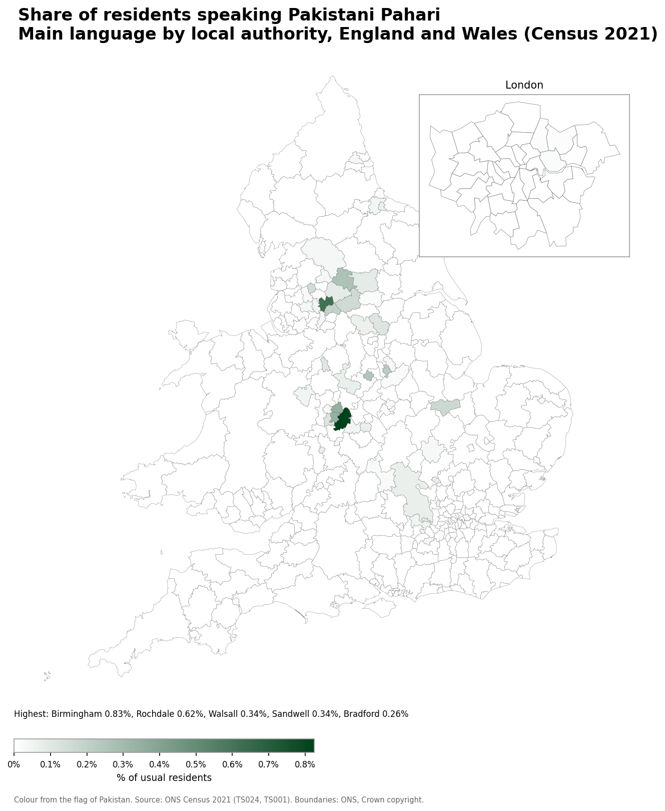 Map of the percentage of residents with Pakistani Pahari as their main language by local authority in England and Wales, Census 2021