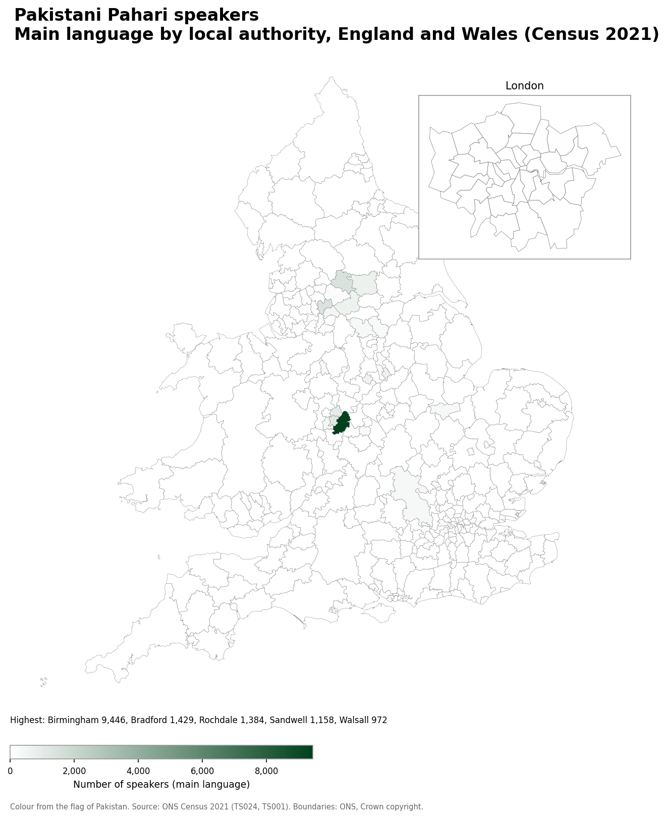 Map of the number of people with Pakistani Pahari as their main language by local authority in England and Wales, Census 2021