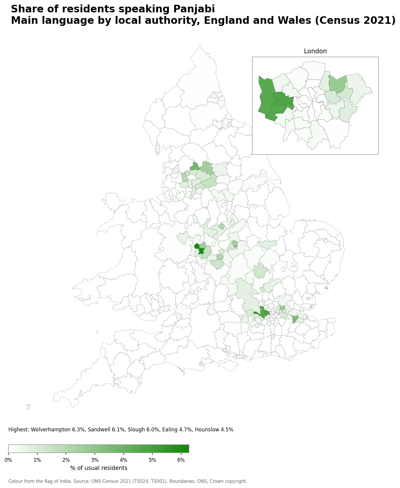 Map of the percentage of residents with Panjabi as their main language by local authority in England and Wales, Census 2021