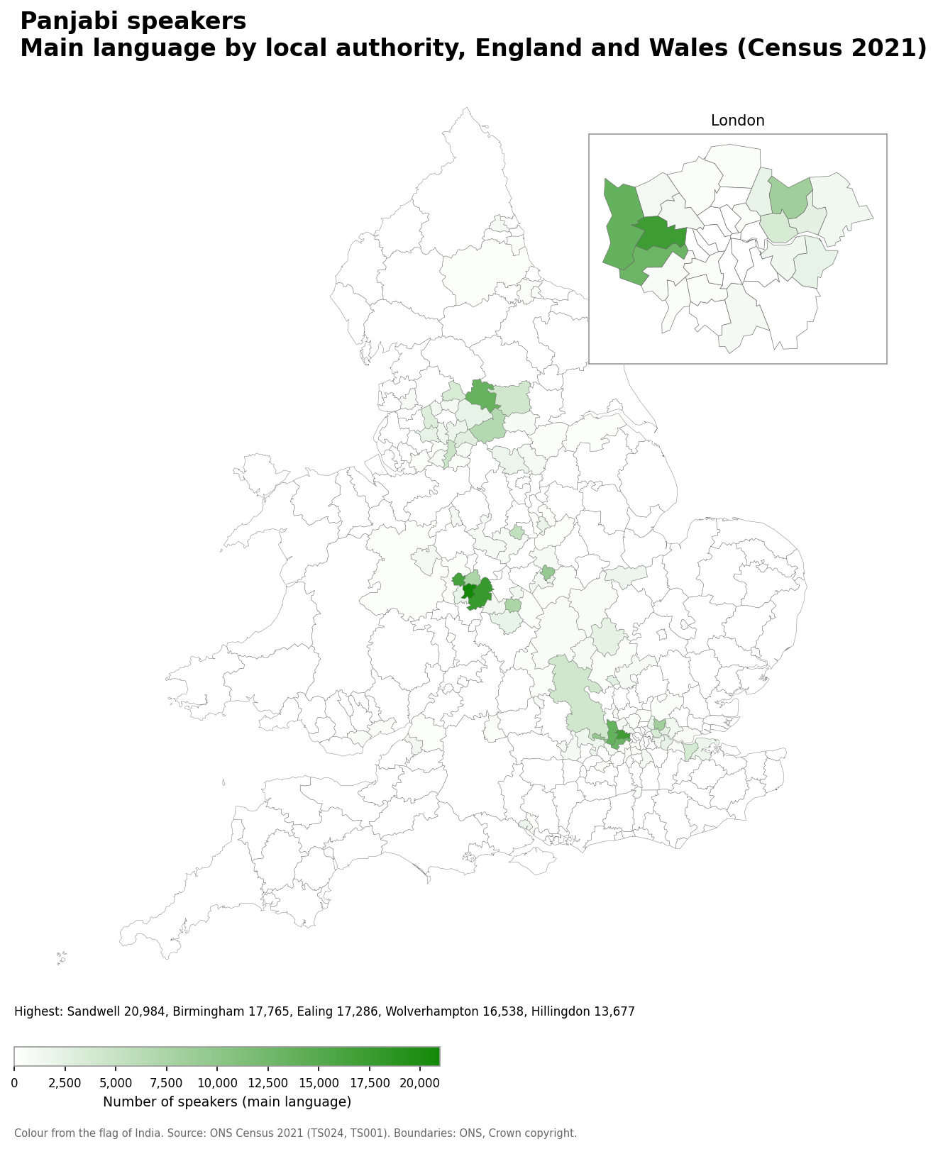 Map of the number of people with Panjabi as their main language by local authority in England and Wales, Census 2021