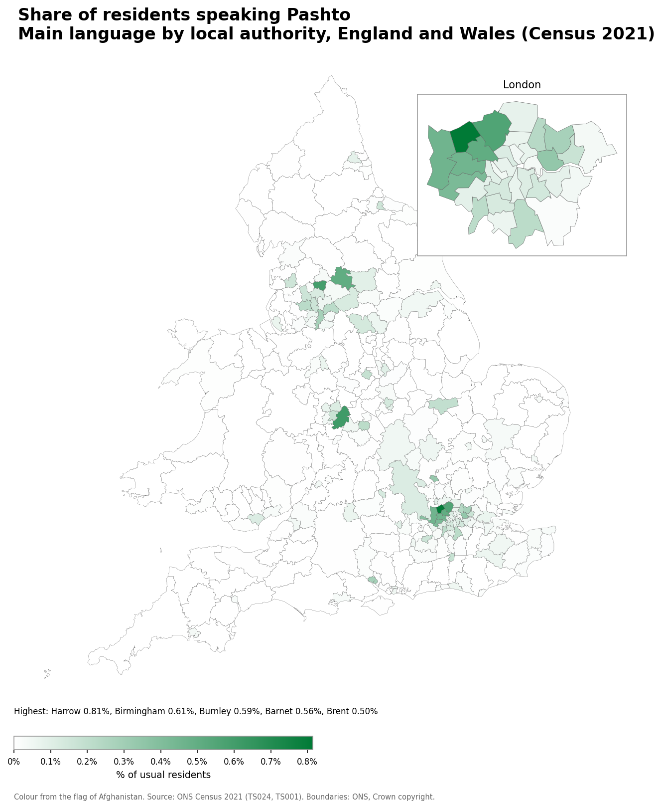 Map of the percentage of residents with Pashto as their main language by local authority in England and Wales, Census 2021