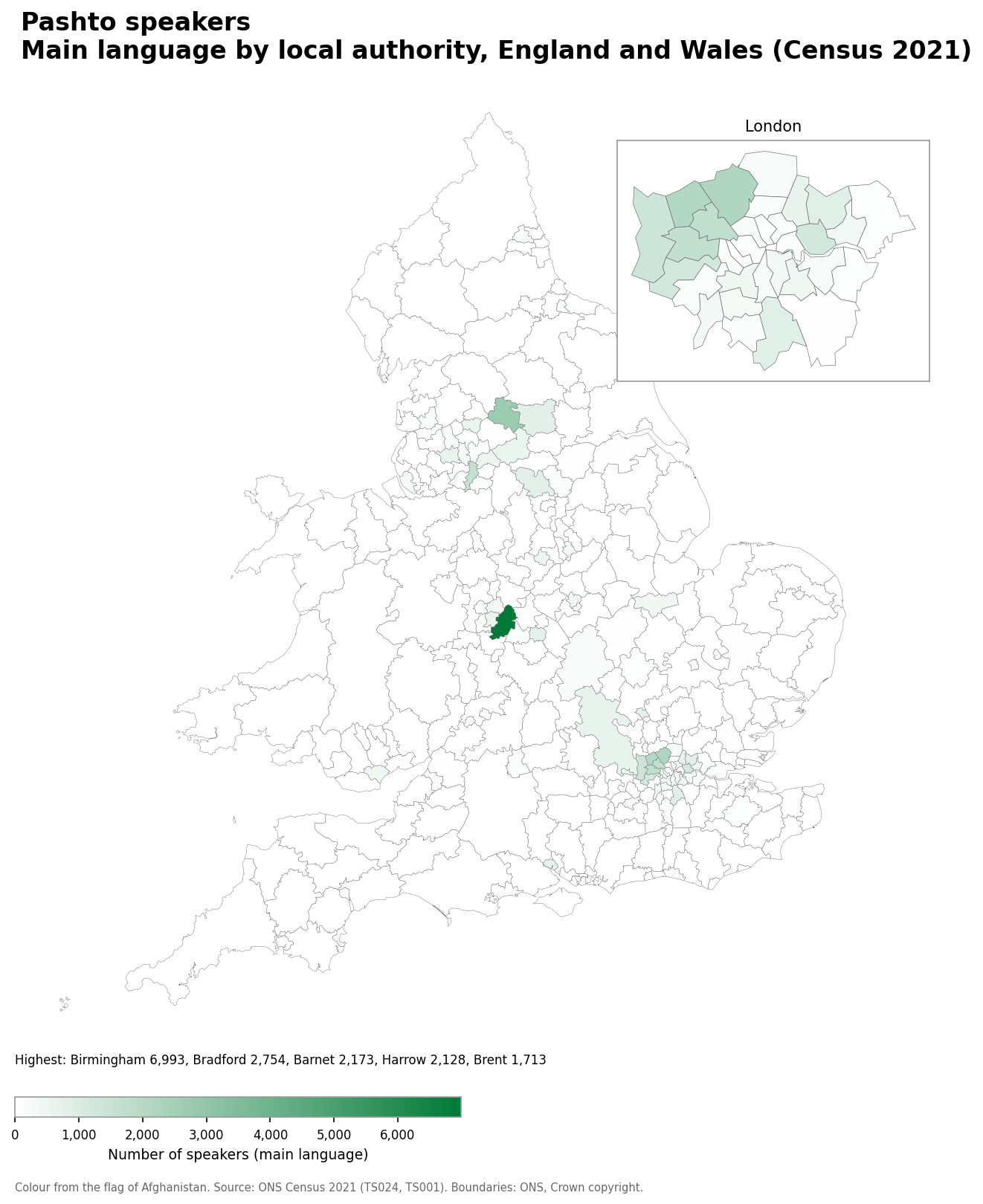 Map of the number of people with Pashto as their main language by local authority in England and Wales, Census 2021
