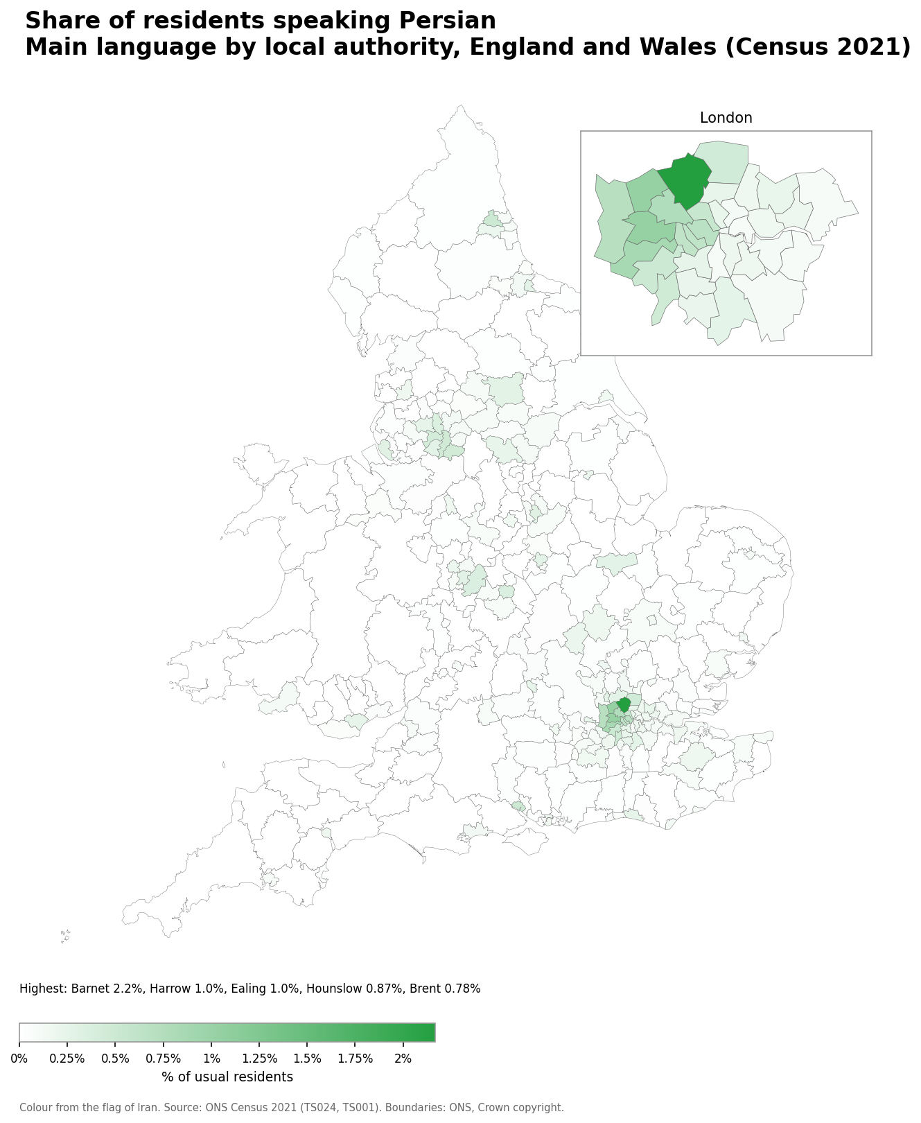 Map of the percentage of residents with Persian as their main language by local authority in England and Wales, Census 2021