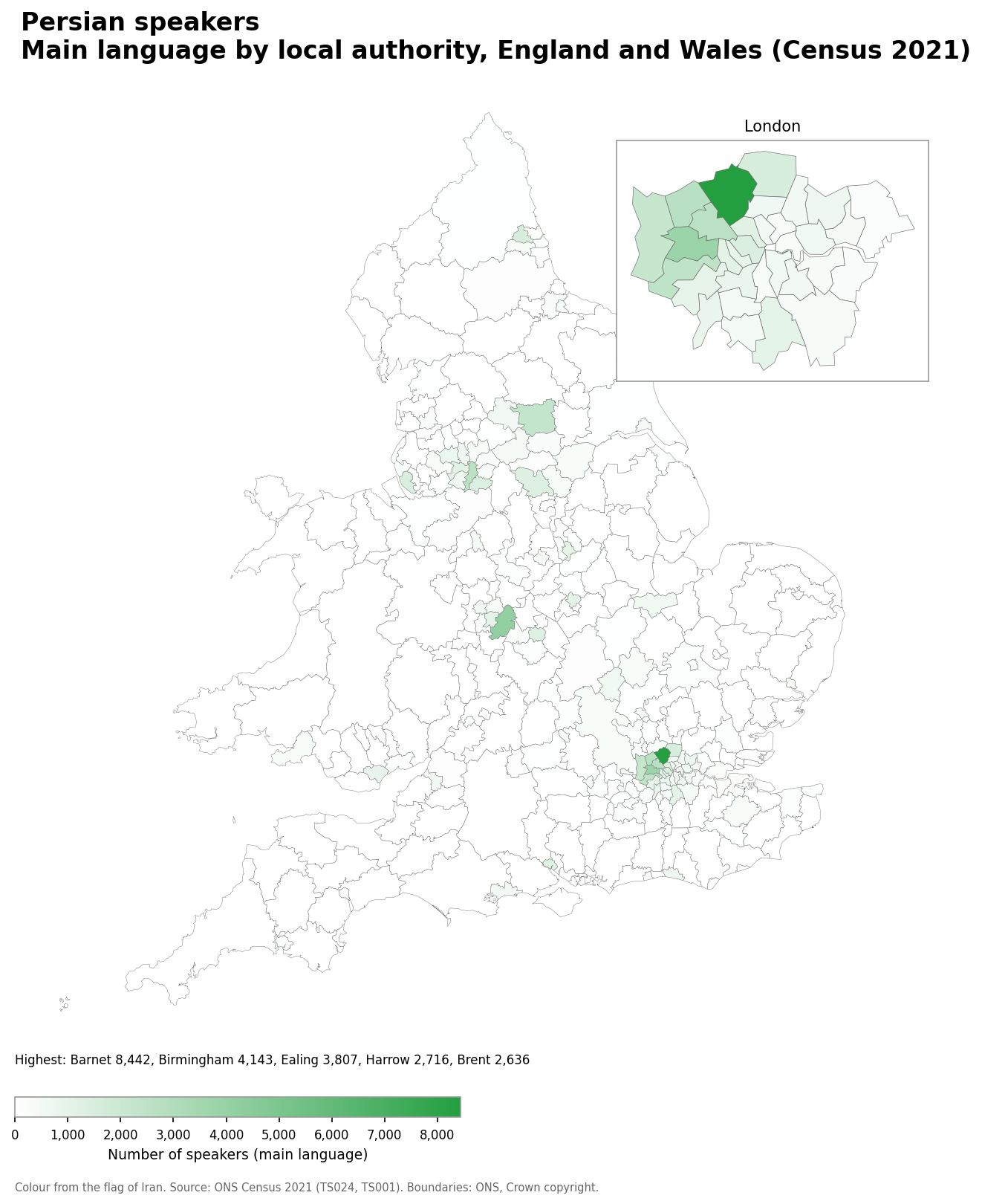 Map of the number of people with Persian as their main language by local authority in England and Wales, Census 2021