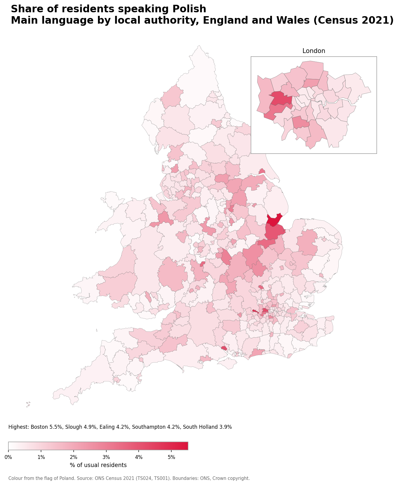 Map of the percentage of residents with Polish as their main language by local authority in England and Wales, Census 2021