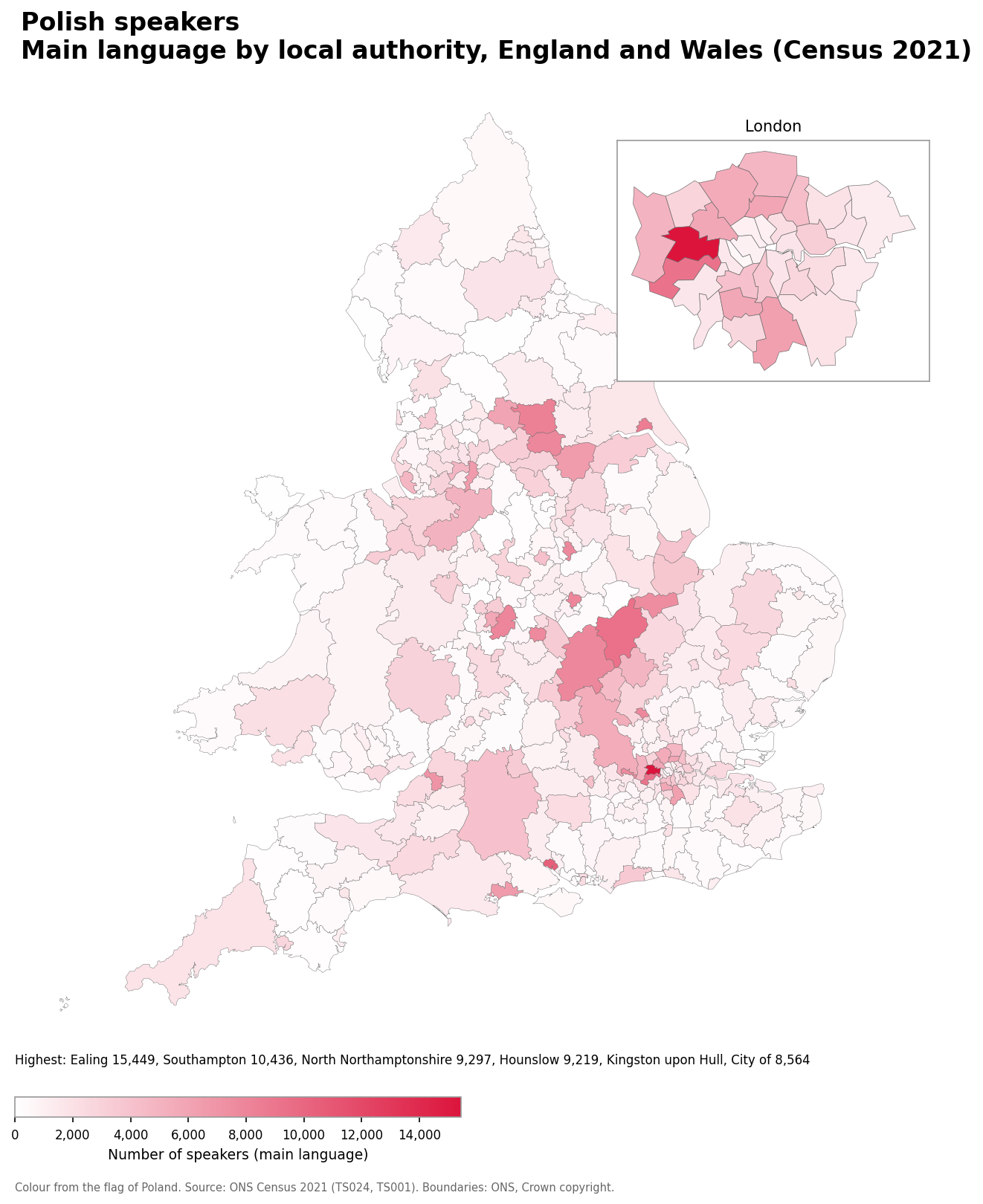 Map of the number of people with Polish as their main language by local authority in England and Wales, Census 2021