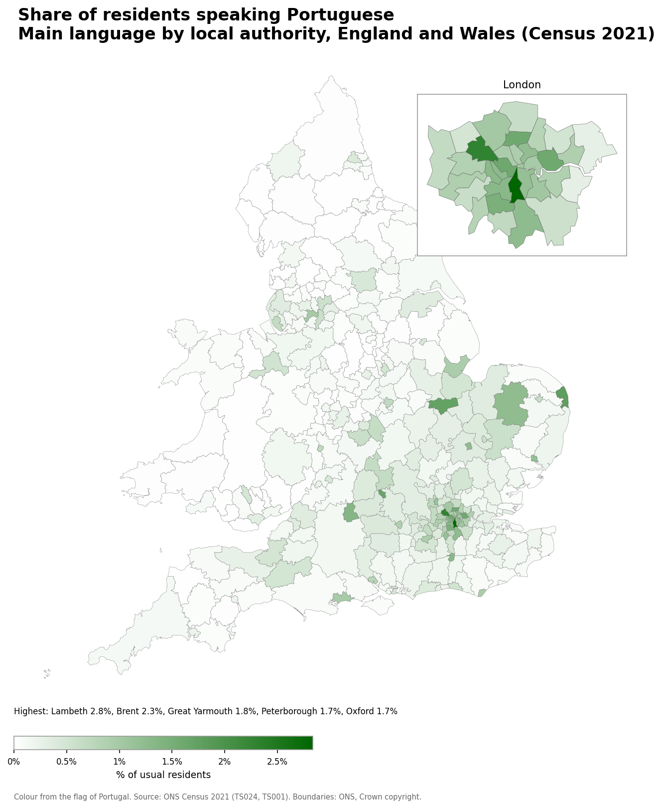 Map of the percentage of residents with Portuguese as their main language by local authority in England and Wales, Census 2021