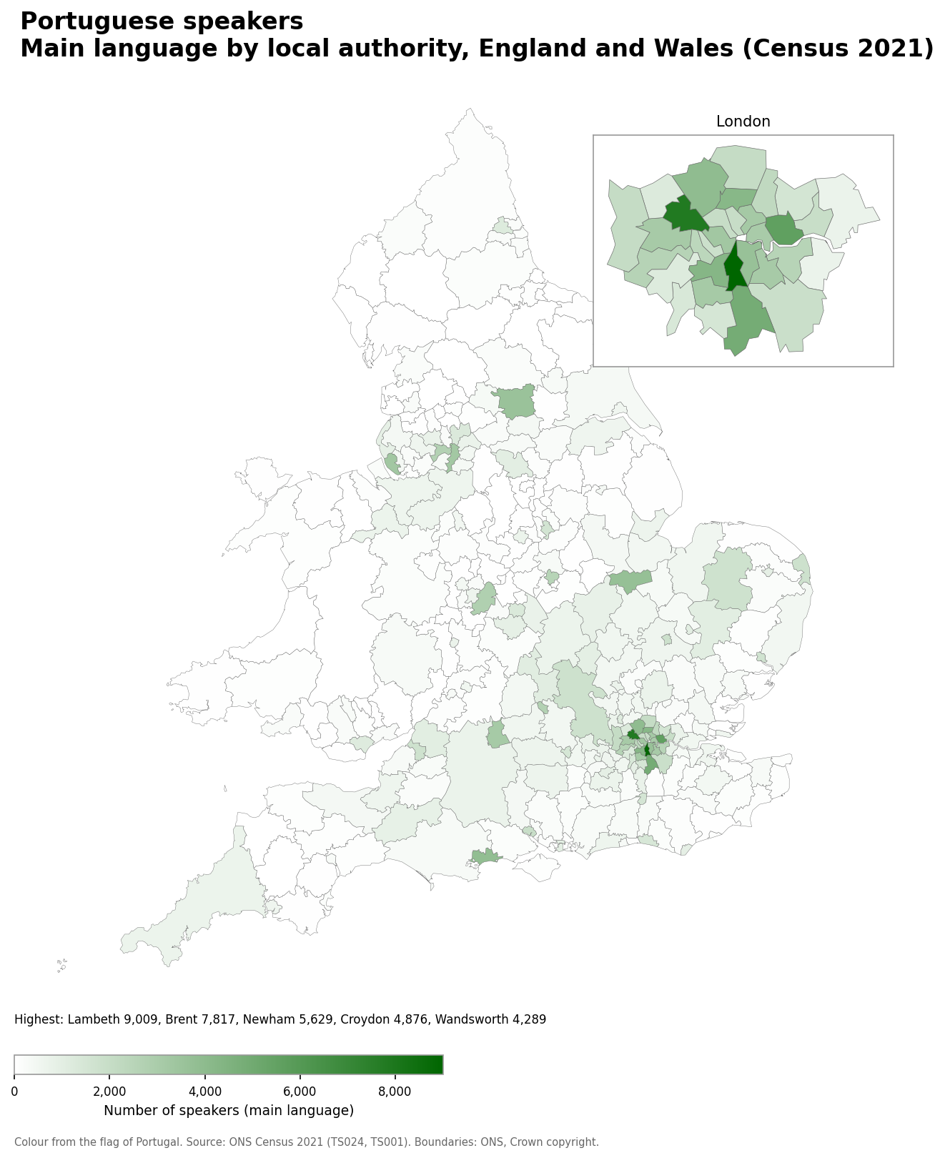 Map of the number of people with Portuguese as their main language by local authority in England and Wales, Census 2021