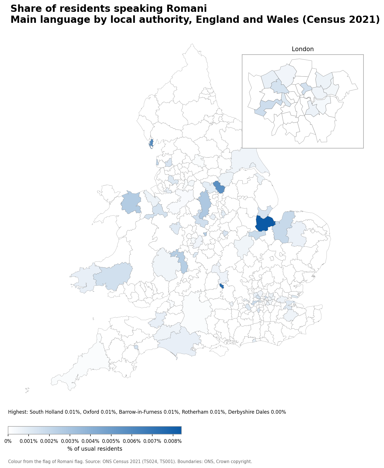 Map of the percentage of residents with Romani as their main language by local authority in England and Wales, Census 2021
