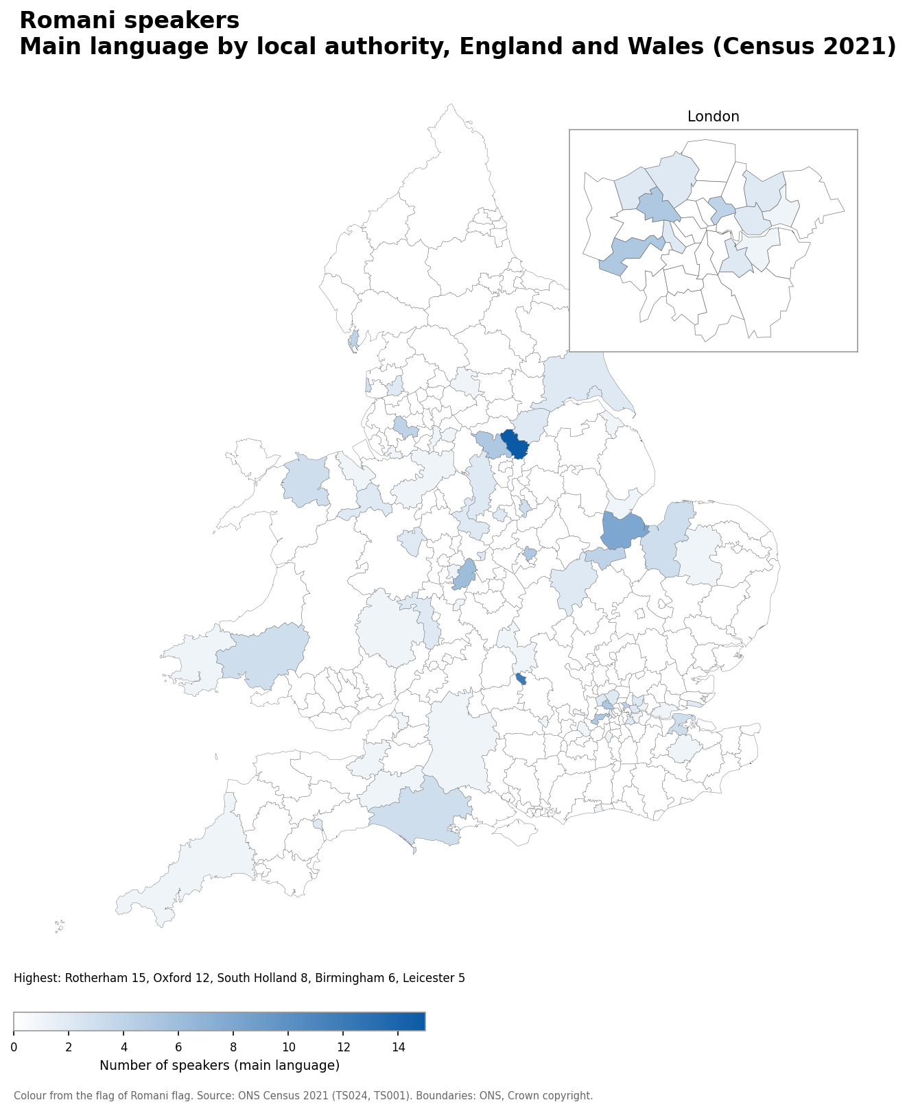 Map of the number of people with Romani as their main language by local authority in England and Wales, Census 2021