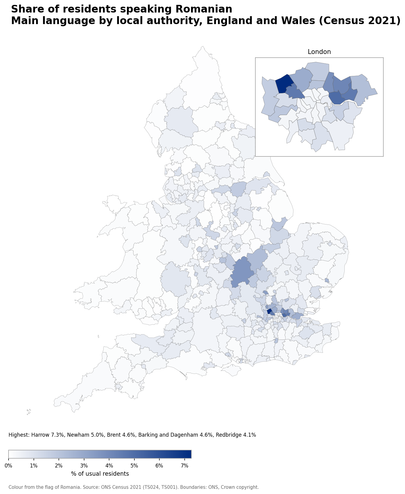 Map of the percentage of residents with Romanian as their main language by local authority in England and Wales, Census 2021