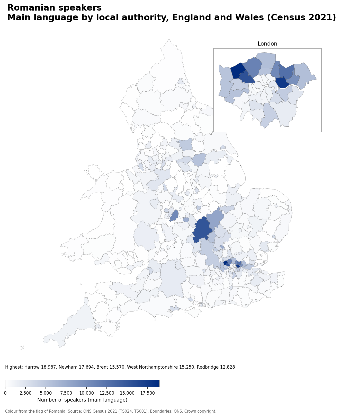 Map of the number of people with Romanian as their main language by local authority in England and Wales, Census 2021