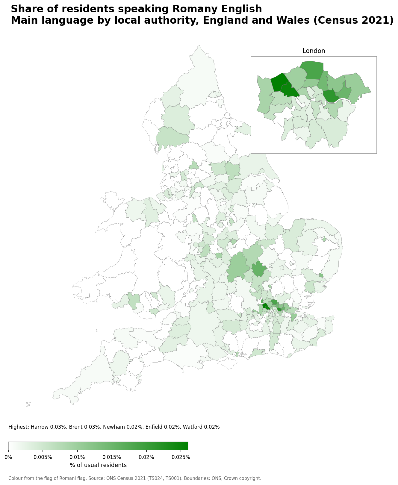 Map of the percentage of residents with Romany English as their main language by local authority in England and Wales, Census 2021