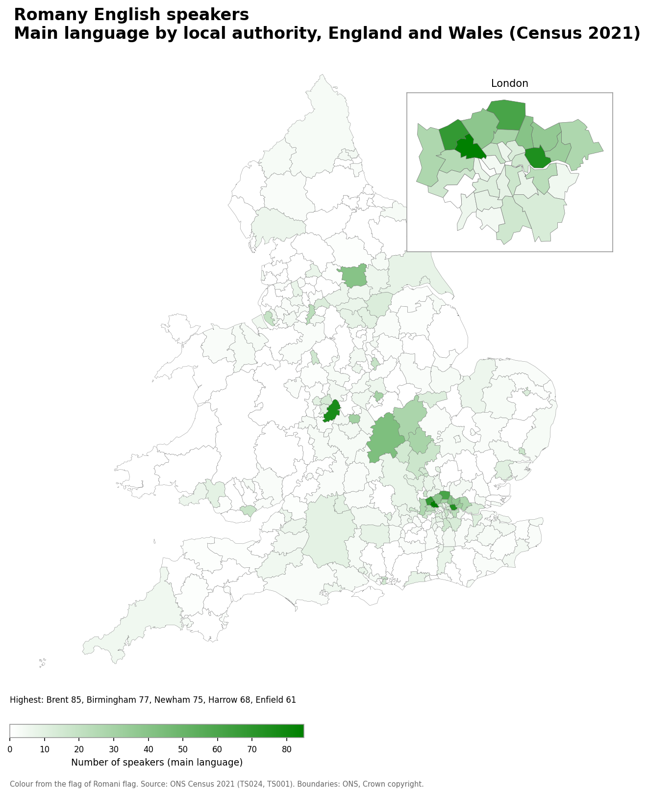 Map of the number of people with Romany English as their main language by local authority in England and Wales, Census 2021