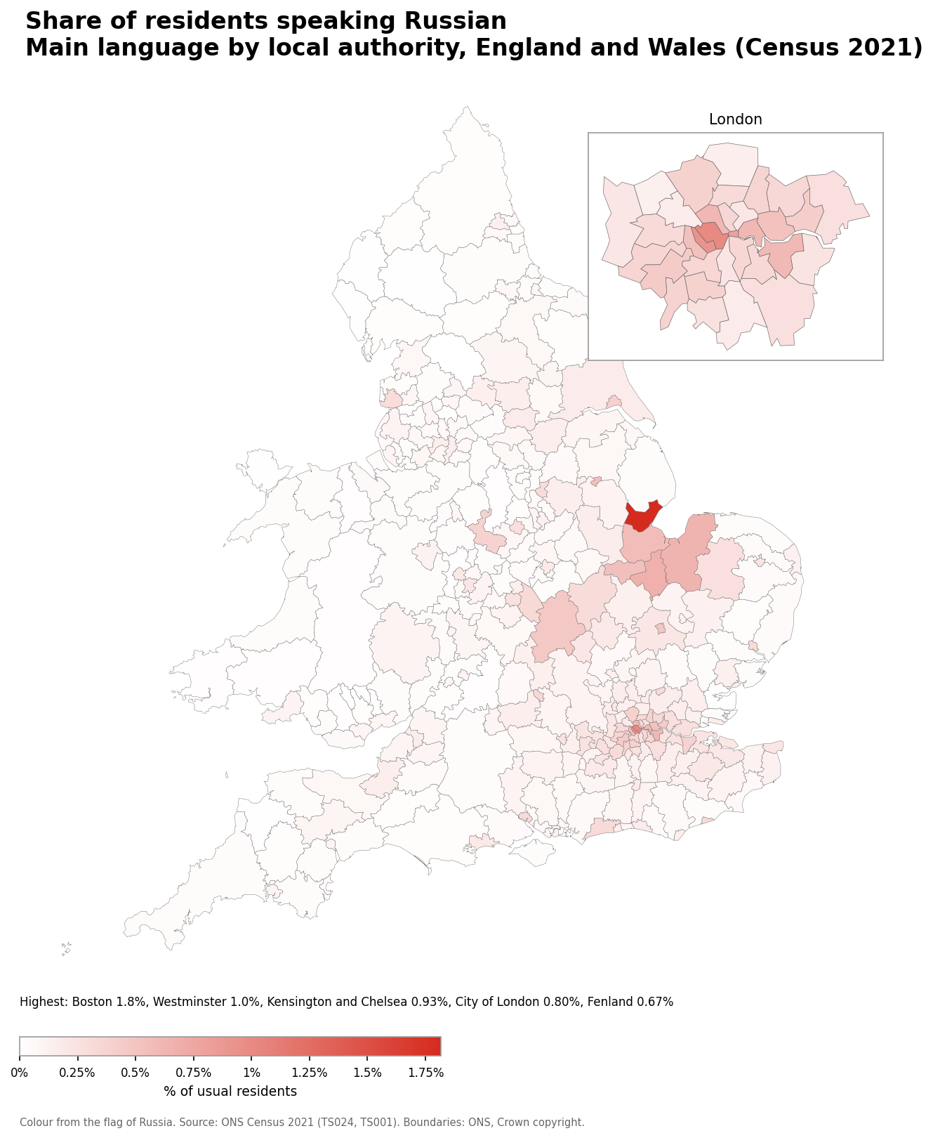 Map of the percentage of residents with Russian as their main language by local authority in England and Wales, Census 2021
