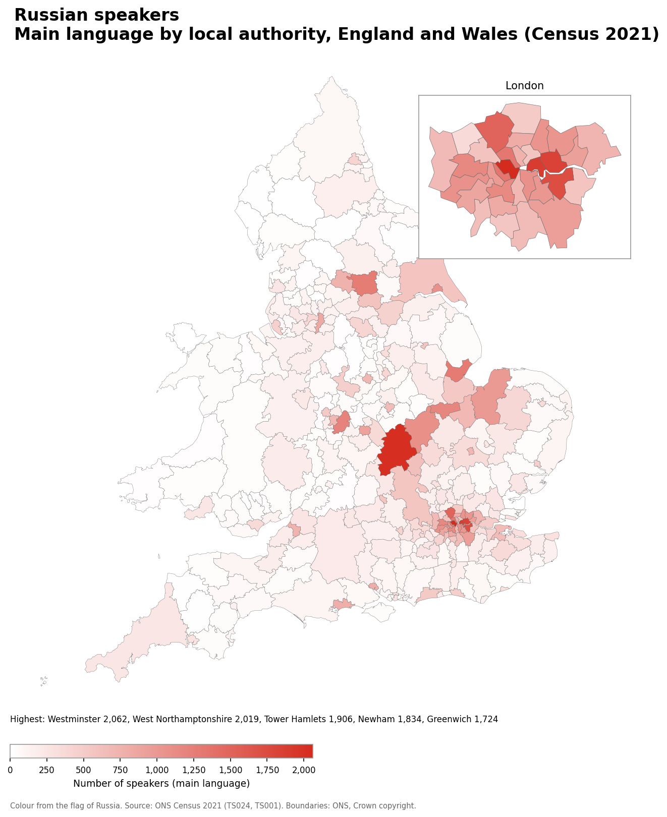 Map of the number of people with Russian as their main language by local authority in England and Wales, Census 2021