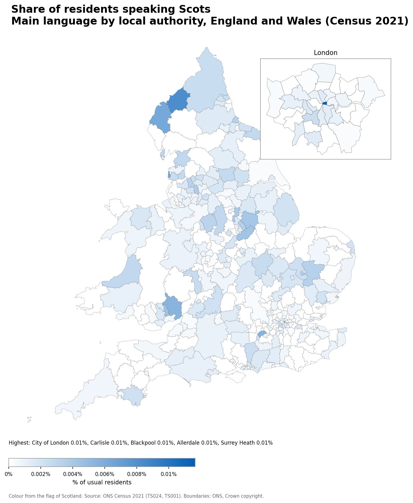 Map of the percentage of residents with Scots as their main language by local authority in England and Wales, Census 2021