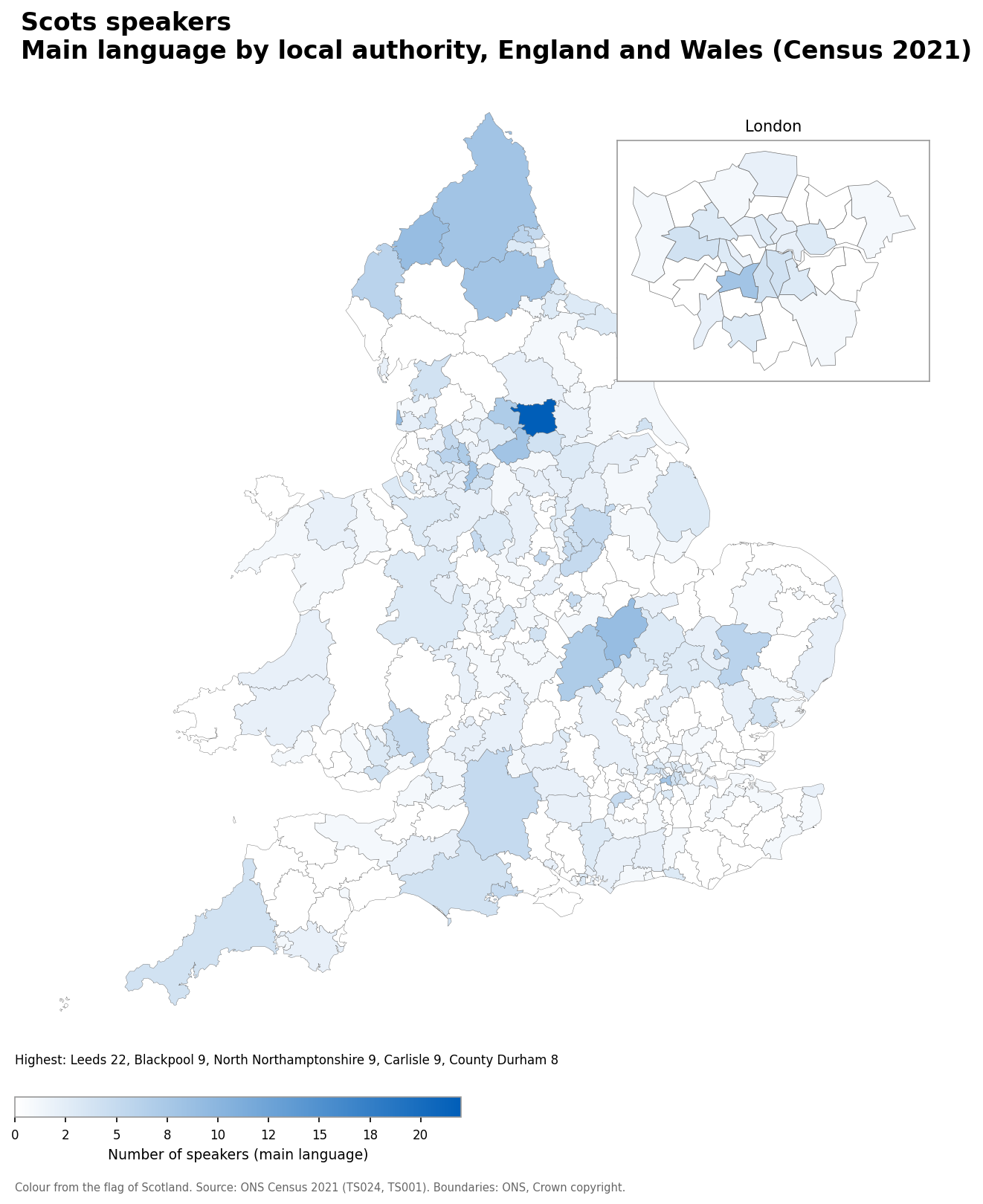 Map of the number of people with Scots as their main language by local authority in England and Wales, Census 2021