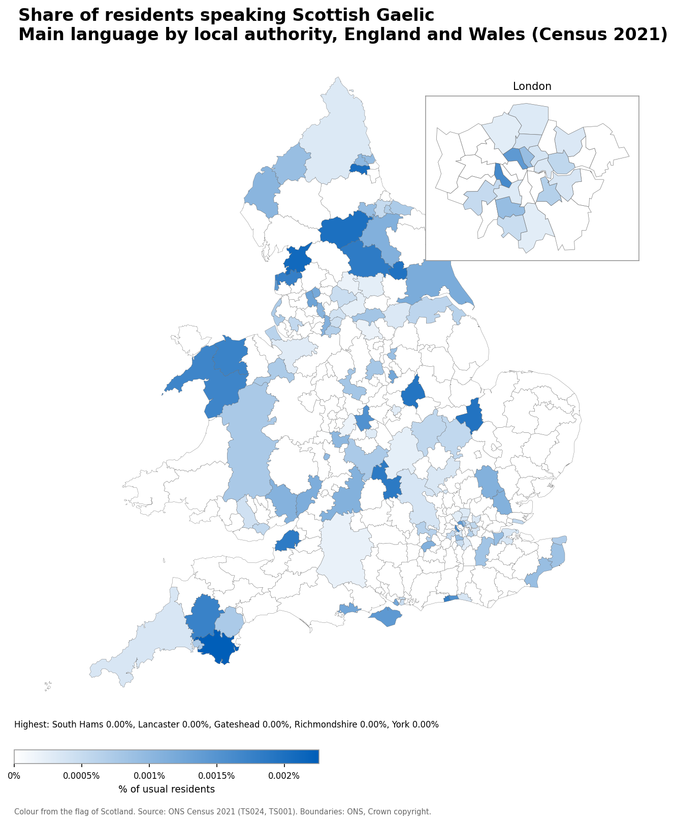 Map of the percentage of residents with Scottish Gaelic as their main language by local authority in England and Wales, Census 2021