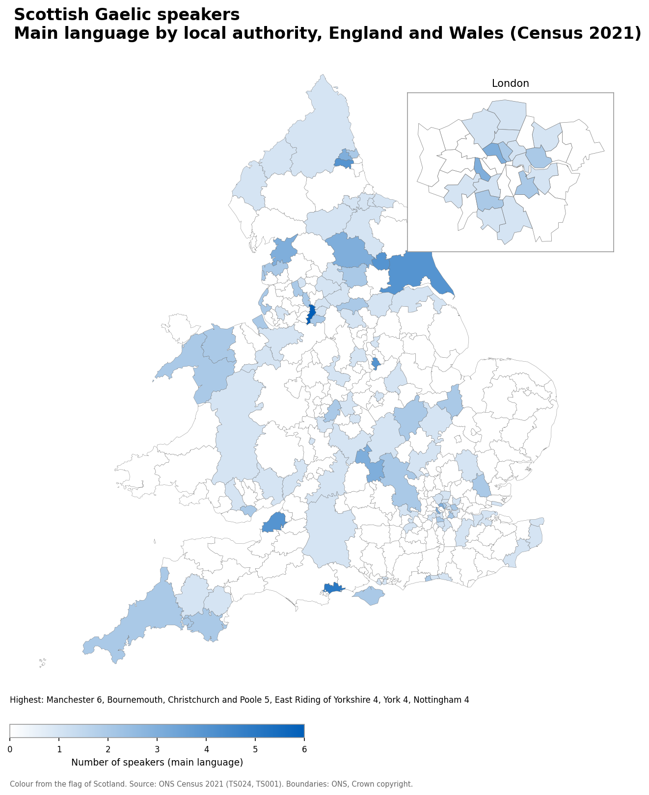 Map of the number of people with Scottish Gaelic as their main language by local authority in England and Wales, Census 2021