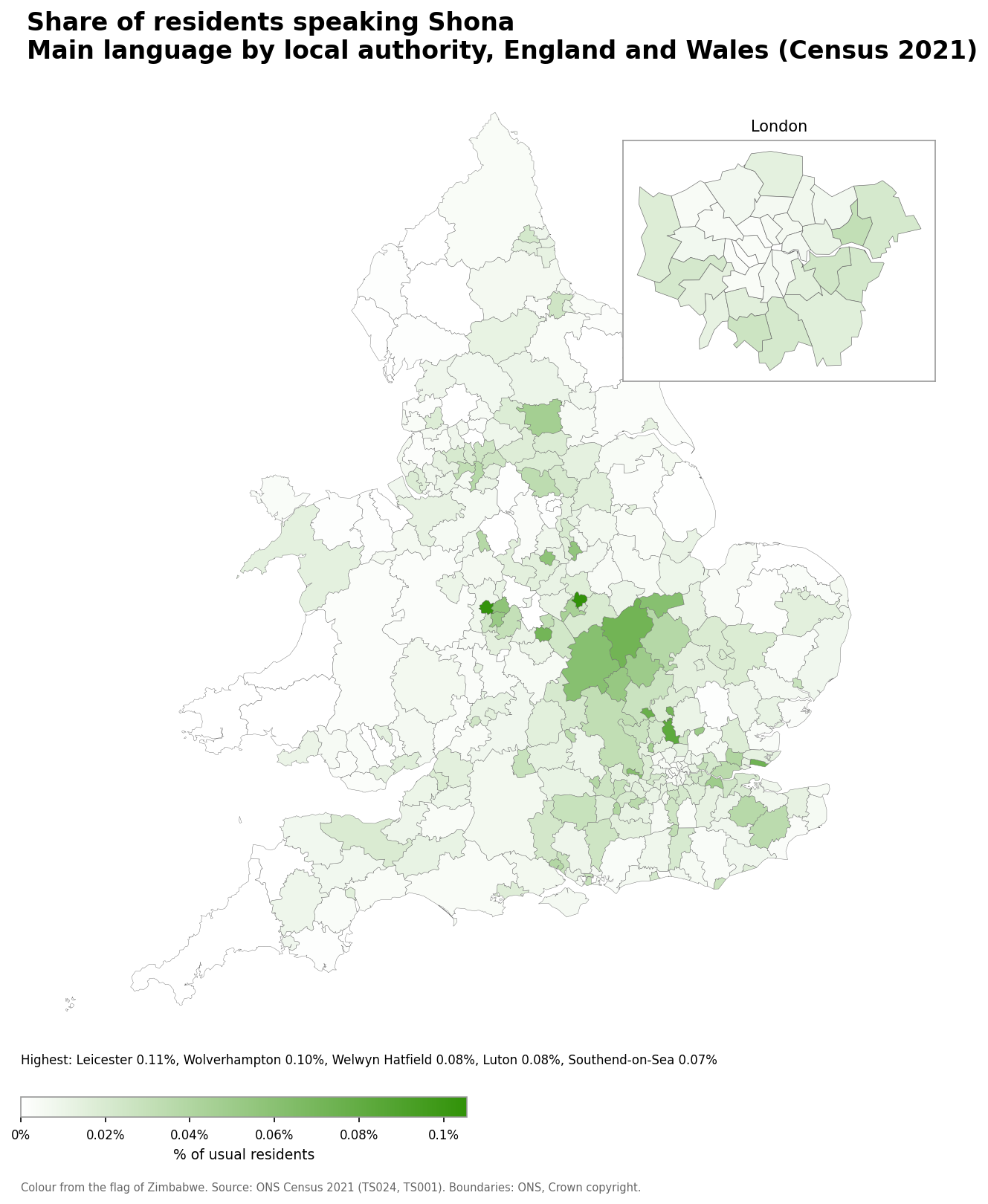 Map of the percentage of residents with Shona as their main language by local authority in England and Wales, Census 2021