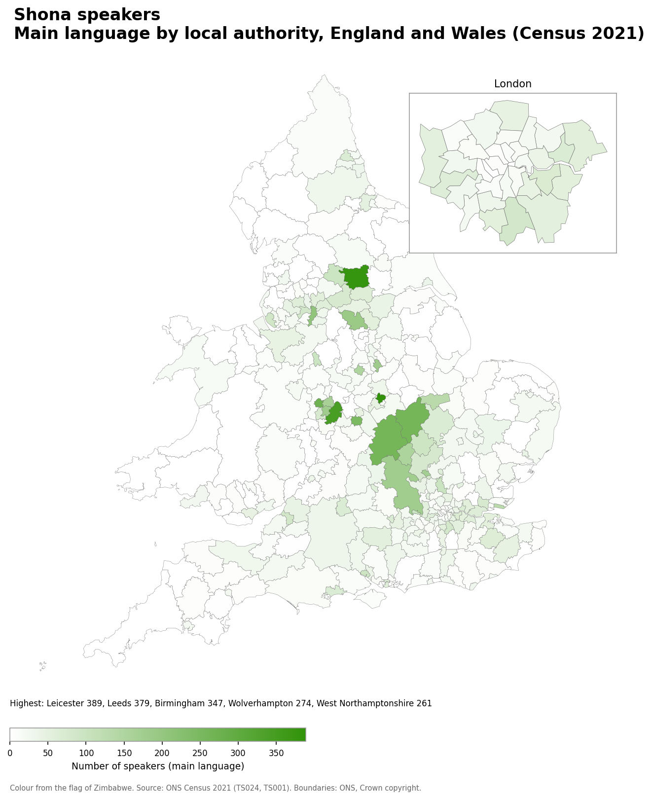 Map of the number of people with Shona as their main language by local authority in England and Wales, Census 2021