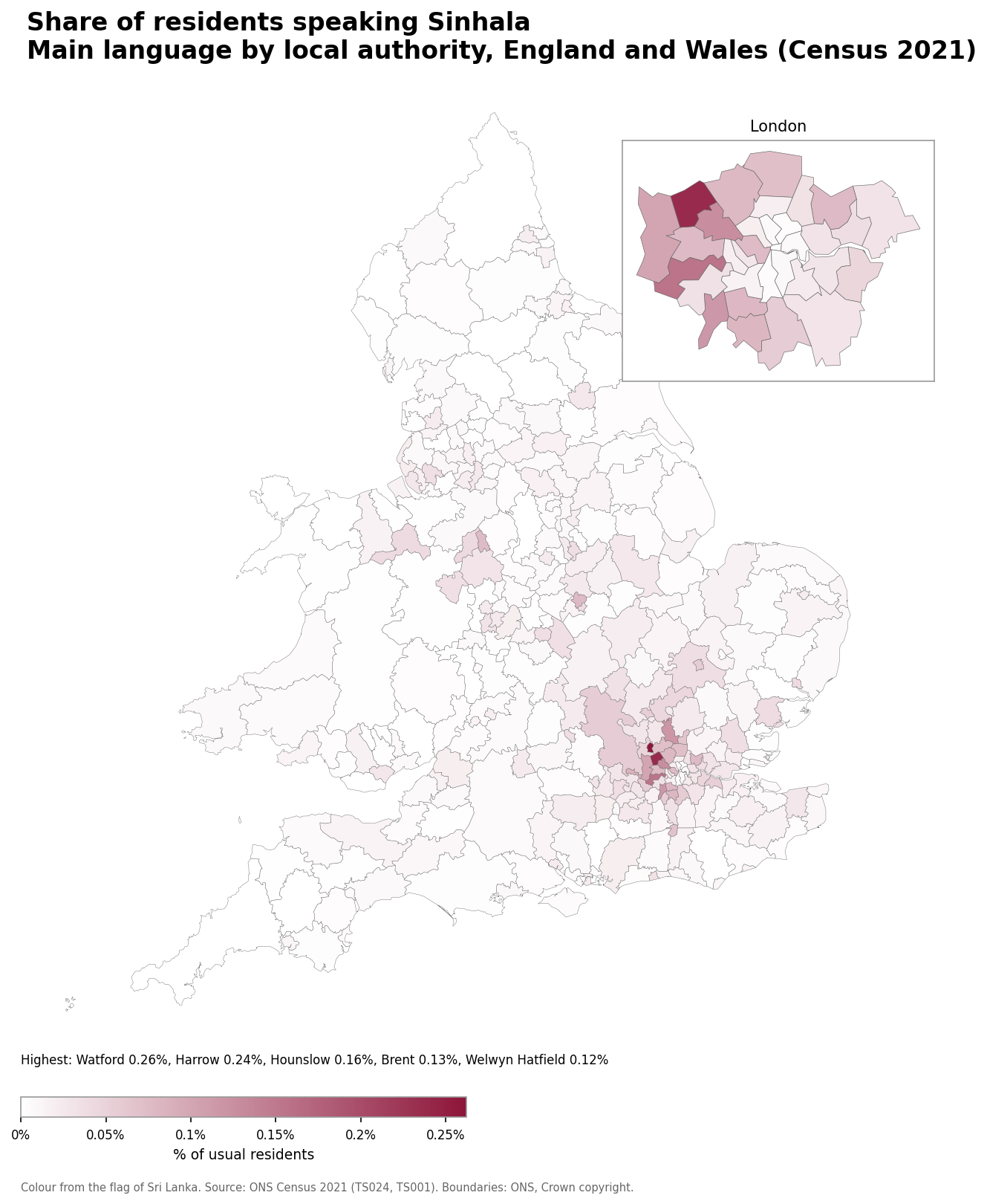 Map of the percentage of residents with Sinhala as their main language by local authority in England and Wales, Census 2021