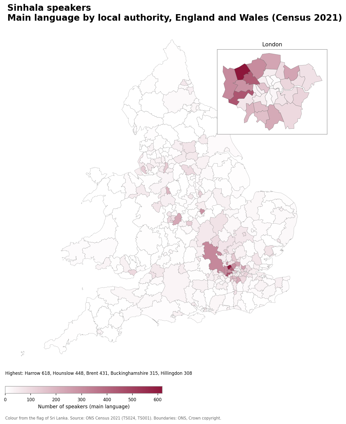 Map of the number of people with Sinhala as their main language by local authority in England and Wales, Census 2021