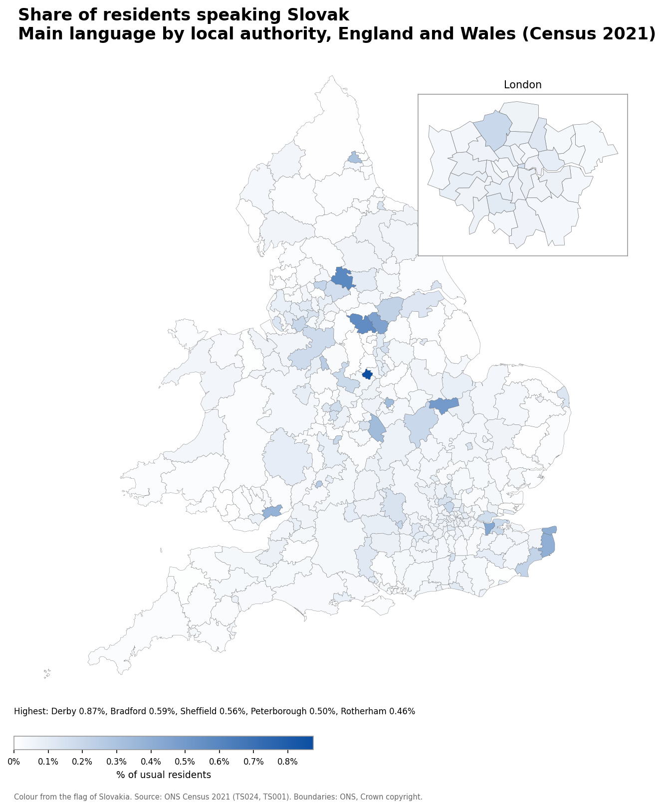 Map of the percentage of residents with Slovak as their main language by local authority in England and Wales, Census 2021