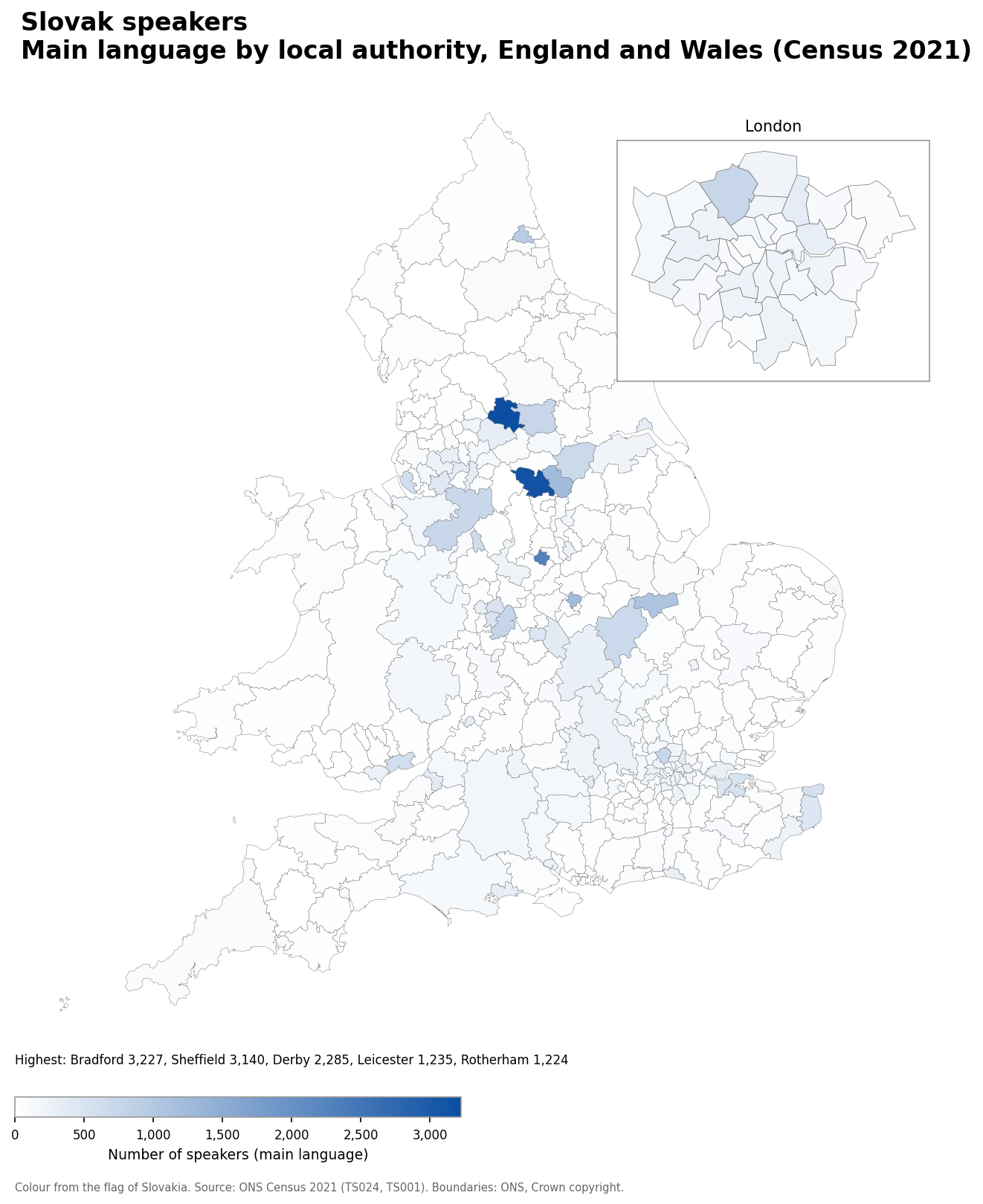 Map of the number of people with Slovak as their main language by local authority in England and Wales, Census 2021