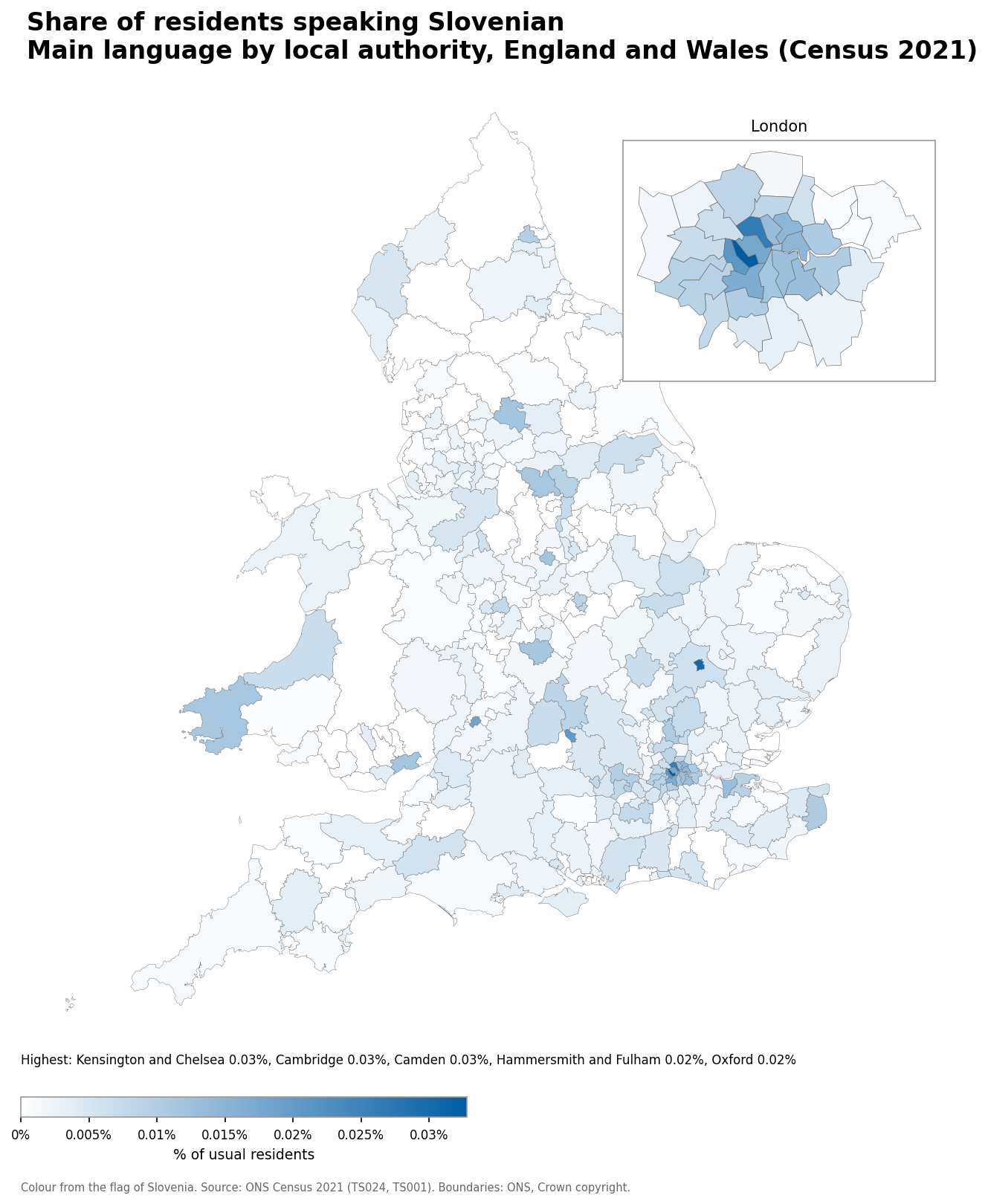 Map of the percentage of residents with Slovenian as their main language by local authority in England and Wales, Census 2021