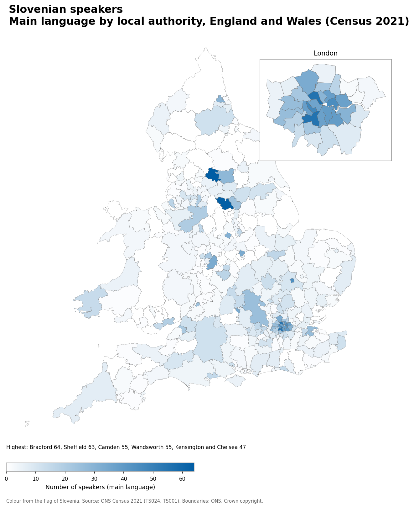 Map of the number of people with Slovenian as their main language by local authority in England and Wales, Census 2021